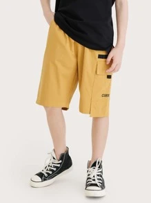 男孩夏天字母刺繡工裝短褲帶大口袋