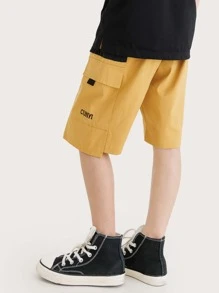 男孩夏天字母刺繡工裝短褲帶大口袋