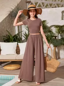 SHEIN Teen Girls Solid Crop Tee & Wide Leg Trousers - Mocha Brown - View 1