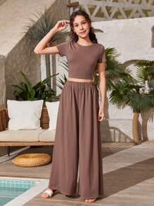 SHEIN Teen Girls Solid Crop Tee & Wide Leg Trousers - Mocha Brown - View 3