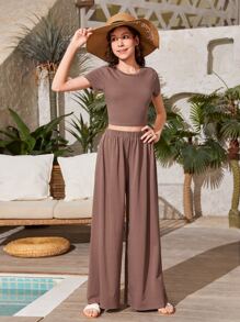 SHEIN Teen Girls Solid Crop Tee & Wide Leg Trousers - Mocha Brown - View 4