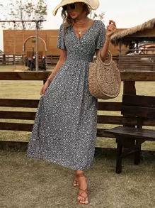 Breezaya Ditsy Floral Print Butterfly Sleeve Split High Dress - Black and White - View 3