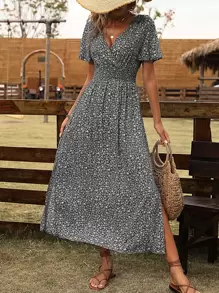 Breezaya Ditsy Floral Print Butterfly Sleeve Split High Dress - Black and White - View 5