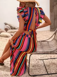 SHEIN VCAY Vestido con estampado de rayas ribete con fruncido con abertura de espalda abierta con cordón de muslo con abertura - Multicolor - Ver 2