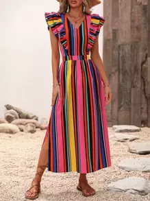 SHEIN VCAY Vestido con estampado de rayas ribete con fruncido con abertura de espalda abierta con cordón de muslo con abertura - Multicolor - Ver 4