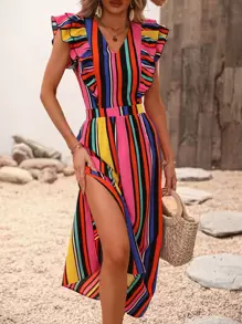 SHEIN VCAY Vestido con estampado de rayas ribete con fruncido con abertura de espalda abierta con cordón de muslo con abertura - Multicolor - Ver 1