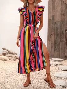 SHEIN VCAY Vestido con estampado de rayas ribete con fruncido con abertura de espalda abierta con cordón de muslo con abertura - Multicolor - Ver 5