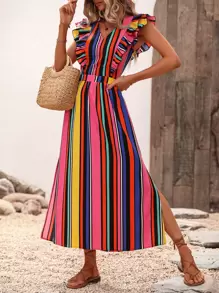 SHEIN VCAY Vestido con estampado de rayas ribete con fruncido con abertura de espalda abierta con cordón de muslo con abertura - Multicolor - Ver 6
