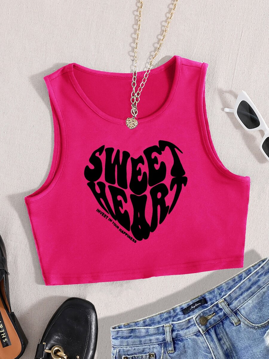 SHEIN Unity Heart & Letter Graphic Crop Tank Top - Hot Pink - View 1