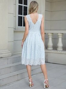 Eilly Bazar 素色蕾絲覆蓋連衣裙 - 淺藍色 - 查看 2