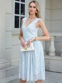 Eilly Bazar 素色蕾絲覆蓋連衣裙 - 淺藍色 - 查看 3