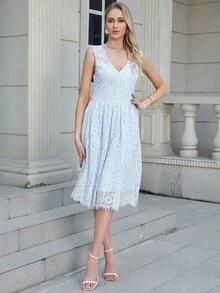 Eilly Bazar 素色蕾絲覆蓋連衣裙 - 淺藍色 - 查看 5