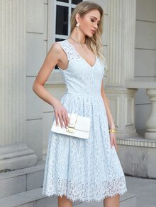 Eilly Bazar 素色蕾絲覆蓋連衣裙 - 淺藍色 - 查看 6