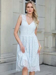 Eilly Bazar 素色蕾絲覆蓋連衣裙 - 淺藍色 - 查看 4