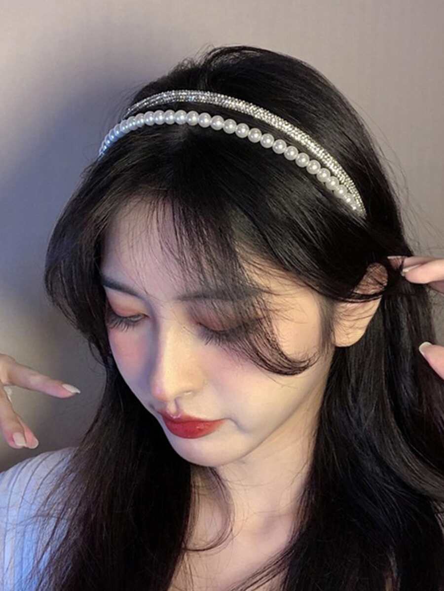 優雅1pc女性鑽石和人造珍珠裝飾豪華風格頭帶 - 米色 - 查看 1