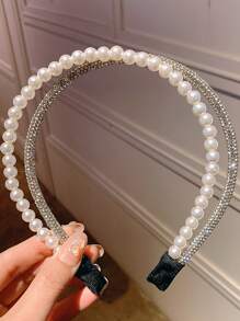 優雅1pc女性鑽石和人造珍珠裝飾豪華風格頭帶 - 米色 - 查看 3