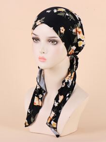 Floral Print Long Tail Head Wrap Boho Silk Bonnet Satin Bonnet - Red - View 1