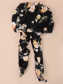 Floral Print Long Tail Head Wrap Boho Silk Bonnet Satin Bonnet - Red - View 4