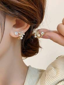 2 Piezas/set Aretes Con Decoración De Flor De Diamantes De Imitación Y Perlas Falsas - Amarillo Oro - Ver 12