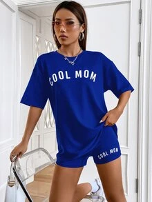 SHEIN Unity Bộ đồ hai mảnh nữ Lá thư Giải trí - Xanh đậm - Xem 5