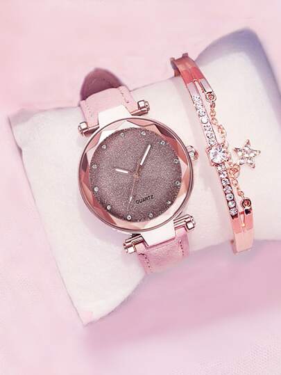 1pc Rhinestone Decor Round Pointer Date Quartz Watch & 1pc Bracelet