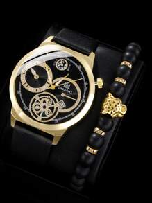 SHAARMS 1pc Men Round Pointer Quartz Watch & 1pc Bracelet - Black - View 1