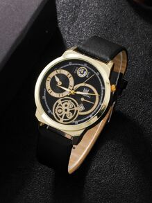 SHAARMS 1pc Men Round Pointer Quartz Watch & 1pc Bracelet - Black - View 2