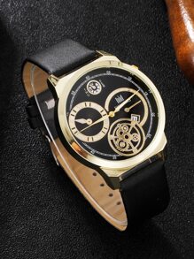 SHAARMS 1pc Men Round Pointer Quartz Watch & 1pc Bracelet - Black - View 3