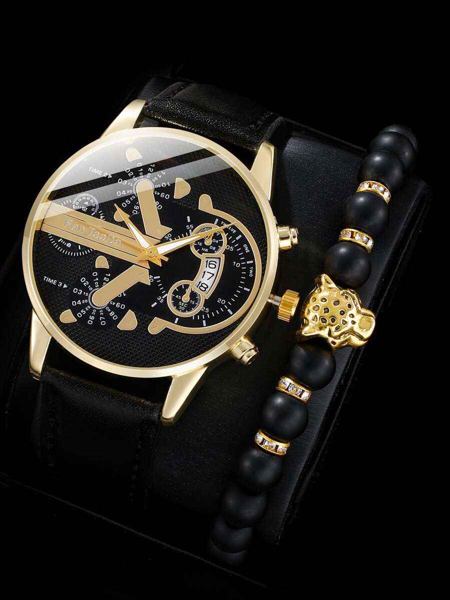 FanTeeDa 1pc Men Quartz Watch & 1pc Bracelet - Black - View 1