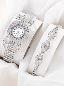 SHAARMS 1入組水鑽裝飾圓形指針石英手錶和1入組手環 - 銀色 - 查看 1