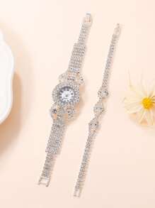 SHAARMS 1入組水鑽裝飾圓形指針石英手錶和1入組手環 - 銀色 - 查看 2