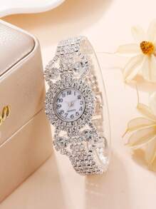 SHAARMS 1入組水鑽裝飾圓形指針石英手錶和1入組手環 - 銀色 - 查看 4