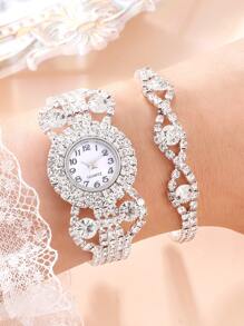 SHAARMS 1入組水鑽裝飾圓形指針石英手錶和1入組手環 - 銀色 - 查看 5