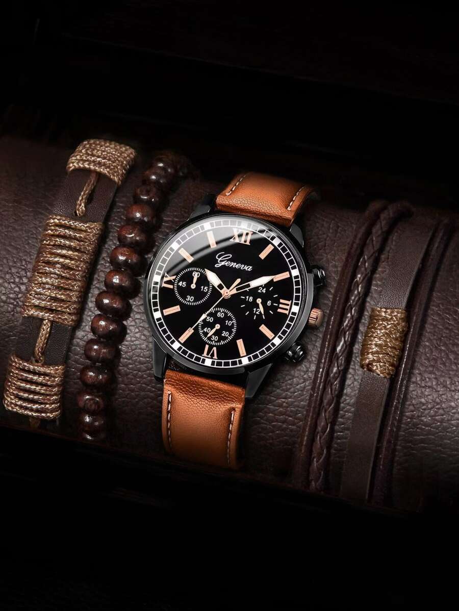 1pc Đàn ông Tối giản Tròn Tròn Đồng hồ thạch anh & Vòng tay 3 chiếc - màu nâu - Xem 1