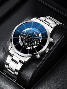 Đồng hồ thạch anh nam tròn tối giản & vòng đeo tay chi tiết kim cương - Bạc - Xem 2