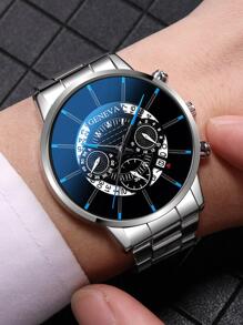 Đồng hồ thạch anh nam tròn tối giản & vòng đeo tay chi tiết kim cương - Bạc - Xem 3