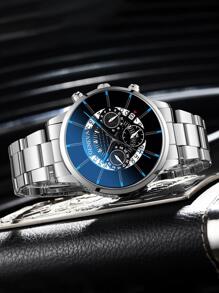 Đồng hồ thạch anh nam tròn tối giản & vòng đeo tay chi tiết kim cương - Bạc - Xem 5