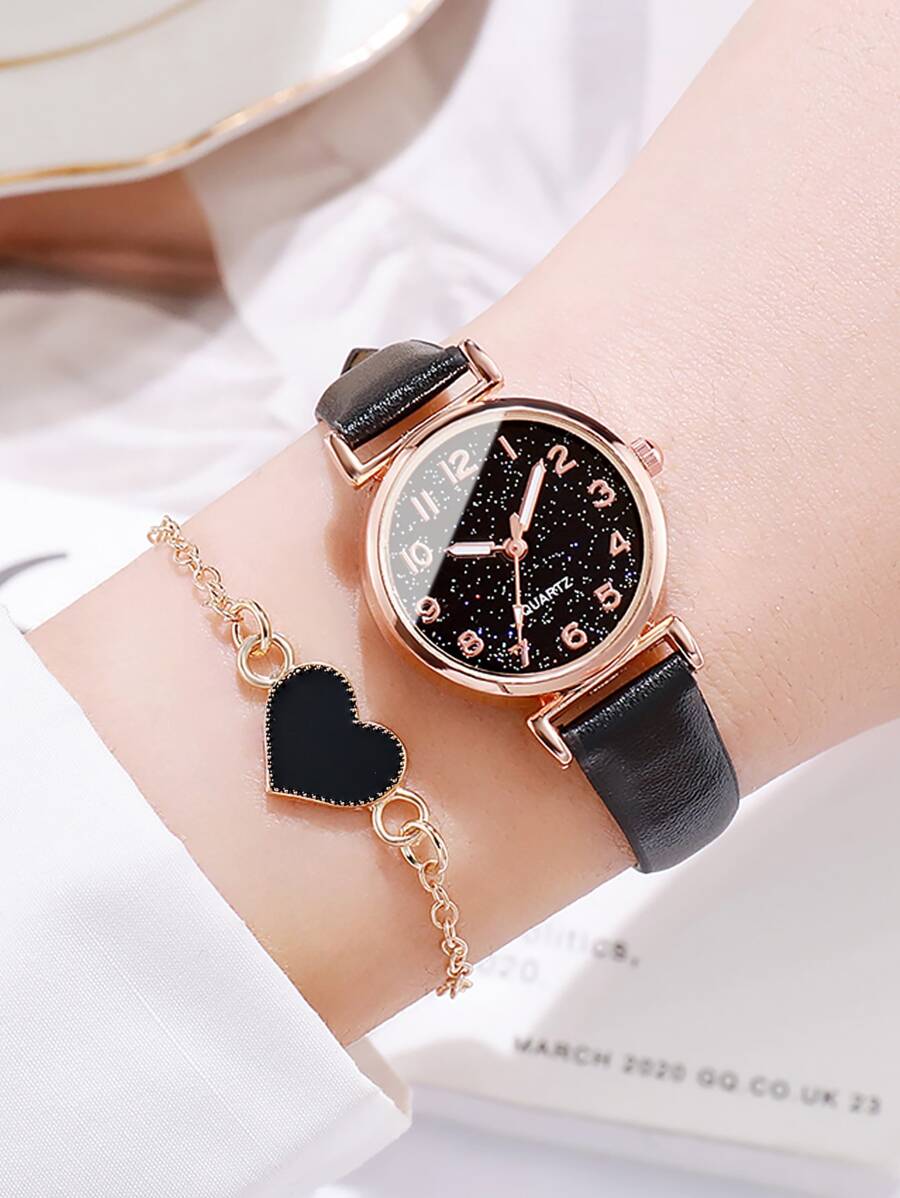 1 Máy Tính Bầu Trời Đầy Sao Mặt Tròn Con Trỏ Đồng Hồ Thạch Anh & 1 Vòng Tay Làm Quà Tặng Cho Học Sinh Trở Lại Trường Học - màu đen - Xem 1