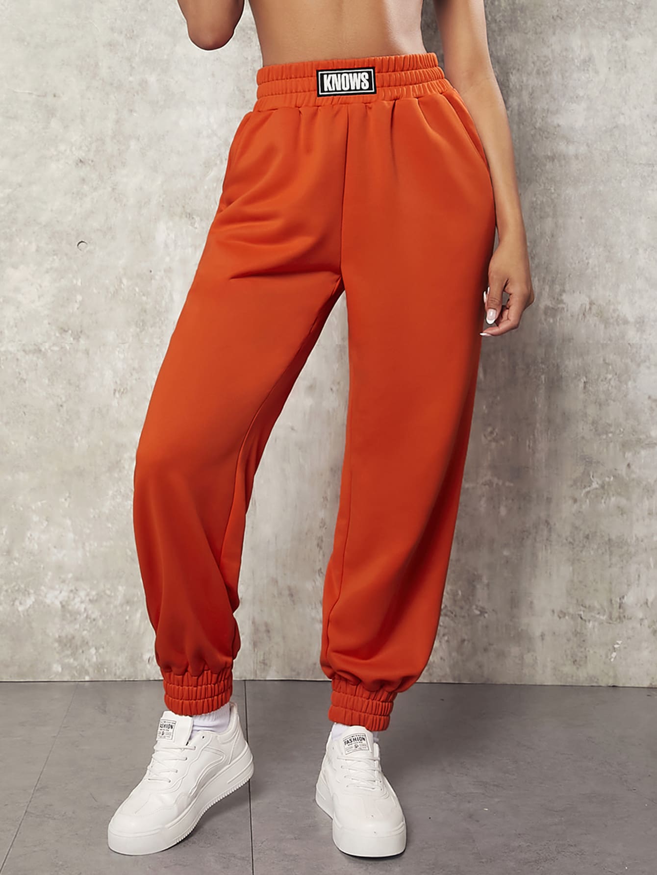 VARSITIE Letter Patched Detail Elastic Waist Joggers - Orange - View 1