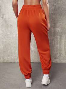 VARSITIE Letter Patched Detail Elastic Waist Joggers - Orange - View 2