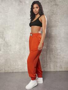 VARSITIE Letter Patched Detail Elastic Waist Joggers - Orange - View 4