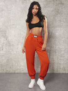 VARSITIE Letter Patched Detail Elastic Waist Joggers - Orange - View 5