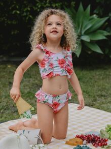 Young Girl Floral Print Ruffle Trim Bikini Set Summer Beach - Mauve Purple - View 8