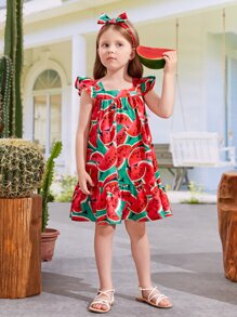 SHEIN meninas da criança Vestido de bata impressão de melancia acabamento de babados - Multicolorido - Visão 6