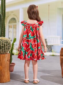 SHEIN meninas da criança Vestido de bata impressão de melancia acabamento de babados - Multicolorido - Visão 2