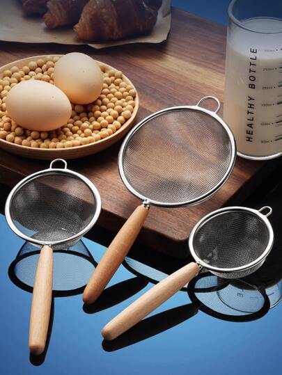 1入組不銹鋼10厘米篩子廚用簡易木柄麵粉篩