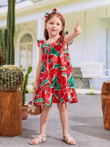SHEIN meninas da criança Vestido de bata impressão de melancia acabamento de babados - Multicolorido - Visão 3