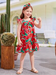 SHEIN meninas da criança Vestido de bata impressão de melancia acabamento de babados - Multicolorido - Visão 4