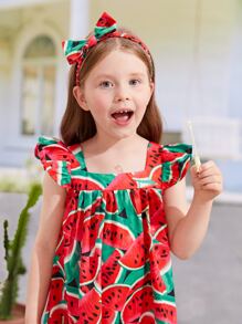 SHEIN meninas da criança Vestido de bata impressão de melancia acabamento de babados - Multicolorido - Visão 5