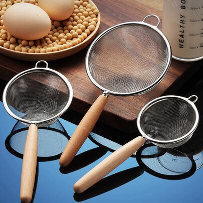 1入組不銹鋼10厘米篩子廚用簡易木柄麵粉篩